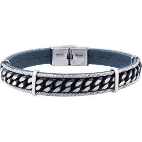 Bracelet acier -  cuir noir italien - 2 rangs de cables - chaine noir en acier - composants acier - réglable - 21,5cm