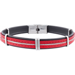 Bracelet acier -  cuir italien noir et rouge - cable - composants acier - réglable - 21,5cm