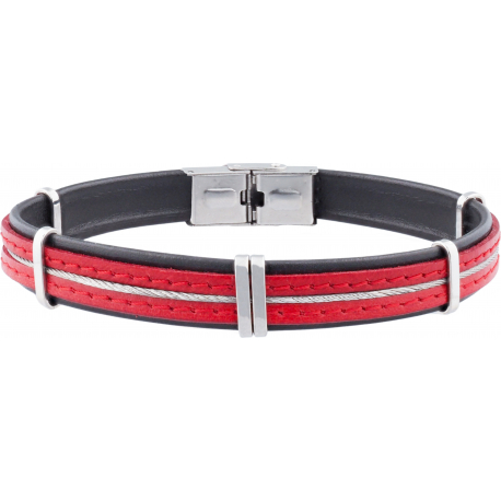 Bracelet acier -  cuir italien noir et rouge - cable - composants acier - réglable - 21,5cm