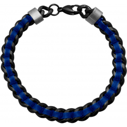 Bracelet en acier noir - cuir bleu - cordon noir - largeur 8mm - longeur 22cm