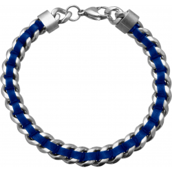 Bracelet en acier - cuir bleu - cordon noir - largeur 8mm - longeur 22cm