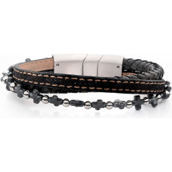 Bracelet en acier - cuir noir et marron - jean noir - croix en hematite - 19,5+1cm