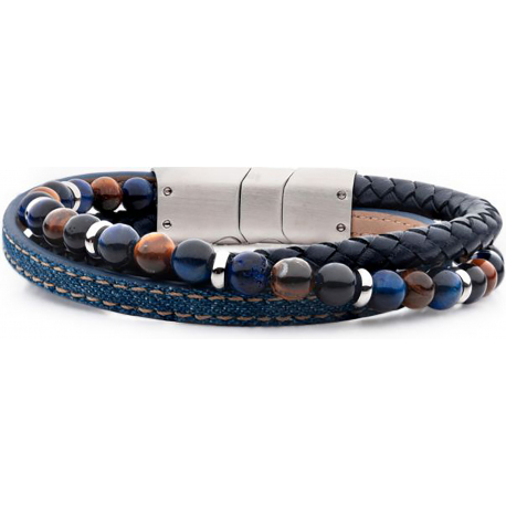 Bracelet en acier - cuir bleu - jean bleu - lapis lazuli et il de tigre - 19,5+1cm