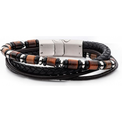 Bracelet en acier - cuir noir et marron - onyx et il de tigre - 19,5+1cm