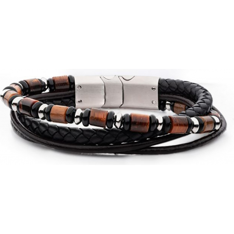 Bracelet en acier - cuir noir et marron - onyx et il de tigre - 19,5+1cm