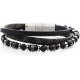 Bracelet en acier - cuir noir et gris - onyx et howlite blanche - 19,5+1cm