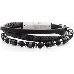 Bracelet en acier - cuir noir et gris - onyx et howlite blanche - 19,5+1cm