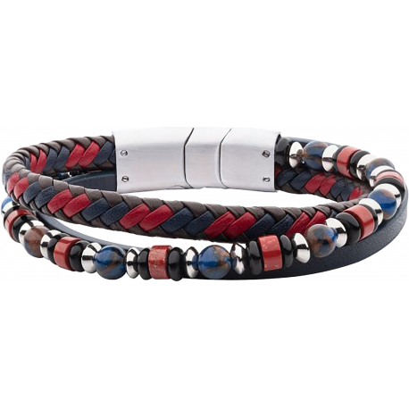 Bracelet en acier - cuir multicouleur - onyx et agate rouge - 19,5+1cm