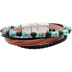 Bracelet en acier - cuir noir et marron - onyx, agate verte - 19,5+1cm