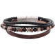Bracelet en acier - cuir noir et marron - onyx, agate rouge - 19,5+1cm