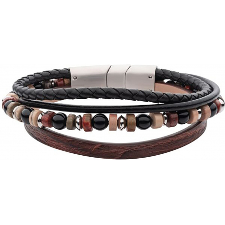 Bracelet en acier - cuir noir et marron - onyx, agate rouge - 19,5+1cm