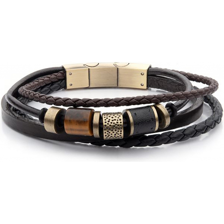 Bracelet en acier - cuir noir et marron - il de tigre - 19,5+1cm