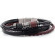 Bracelet en acier - cuir noir et bordeau - pierre de lave - 19,5+1cm