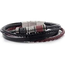 Bracelet en acier - cuir noir et bordeau - pierre de lave - 19,5+1cm