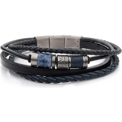 Bracelet en acier - cuir noir et bleu - sodalite - 19,5+1cm