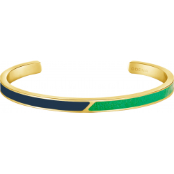 Bracelet jonc en acier doré - cuir vert - email bleu - largeur 5mm