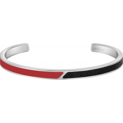 Bracelet jonc en acier - cuir noir - email rouge - largeur 5mm