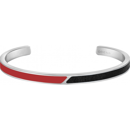 Bracelet jonc en acier - cuir noir - email rouge - largeur 5mm