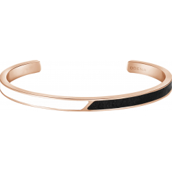 Bracelet jonc en acier rosé - cuir noir - email blanc - largeur 5mm