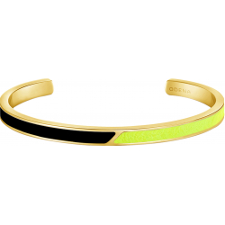 Bracelet jonc en acier doré - cuir jaune - email gris foncé - largeur 5mm