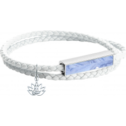 Bracelet en acier double tour - cuir blanc - calcédoine - buddha - 37,5cm