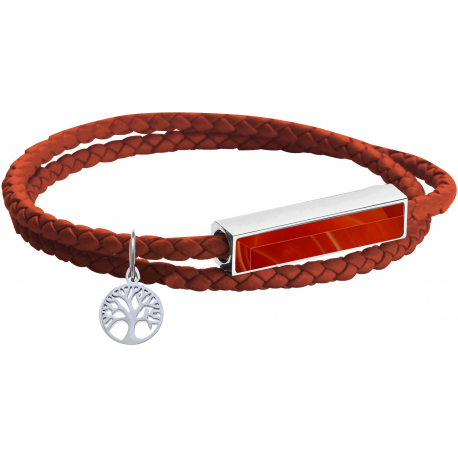 Bracelet en acier double tour - cuir rouge - cornaline - arbre de vie - 37,5cm