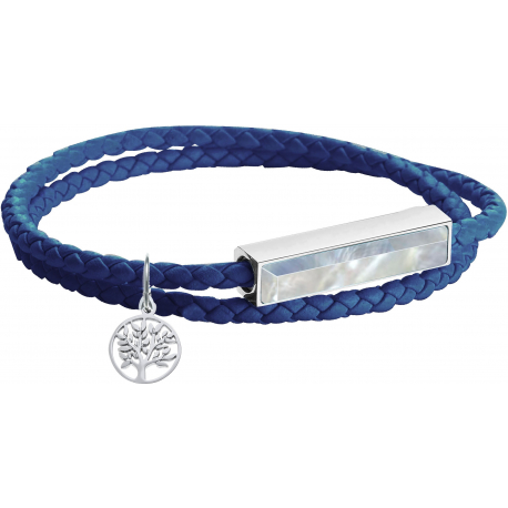 Bracelet en acier double tour - cuir bleu - cornaline - arbre de vie - 37,5cm