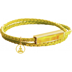 Bracelet en acier double tour - cuir jaune - agate jaune - buddha doré - 37,5cm
