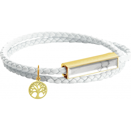 Bracelet en acier double tour - cuir blanc - howlite - arbre de vie doré - 37,5cm