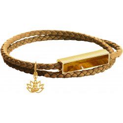 Bracelet en acier double tour - cuir marron - il de tigre - buddha doré - 37,5cm