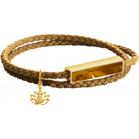 Bracelet en acier double tour - cuir marron - il de tigre - buddha doré - 37,5cm