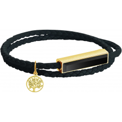 Bracelet en acier double tour - cuir noir - onyx - arbre de vie doré - 37,5cm