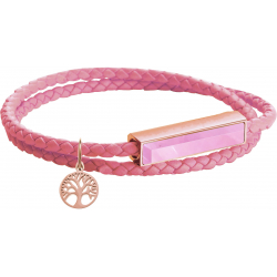 Bracelet en acier double tour - cuir rose - quartz rose - arbre de vie rosé - 37,5cm