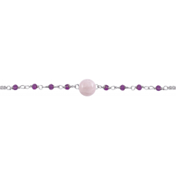 Bracelet argent rhodié -  Quartz rose  - Améthyste - 1,9g - 15+5cm