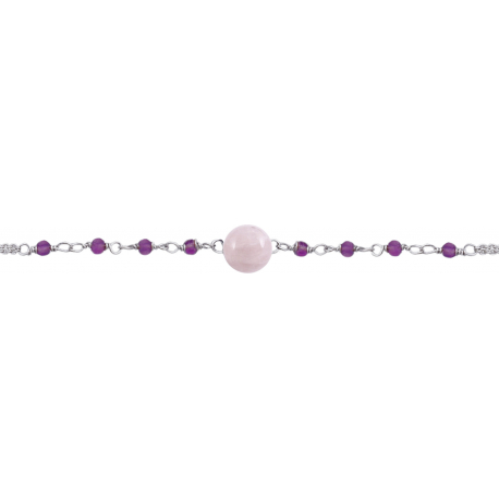 Bracelet argent rhodié -  Quartz rose  - Améthyste - 1,9g - 15+5cm