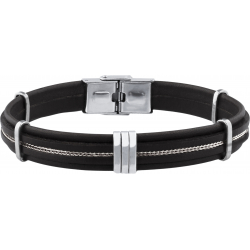 Bracelet acier - cuir noir italien - chaîne argentée - composants acier - réglable - 21,5cm