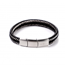 Bracelet cuir noir - composants en acier - 20cm reglable