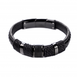 Bracelet cuir noir - composants en acier - 20cm reglable