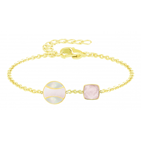 Bracelet nacre blanche et rose, quartz rose facettes, longueur 15+5cm