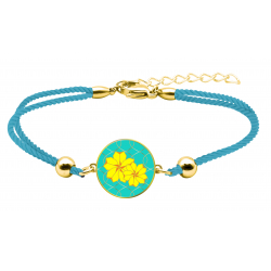 Bracelet coton bleu - Silkscreen - Fleur sakura jaune - rond 14mm - 15+5cm