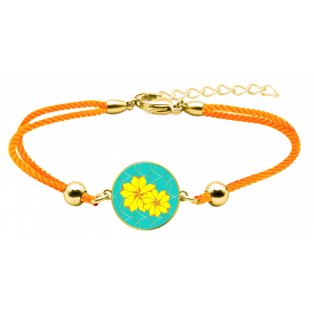 Bracelet coton orange - Silkscreen - Fleur sakura jaune - rond 14mm - 15+5cm