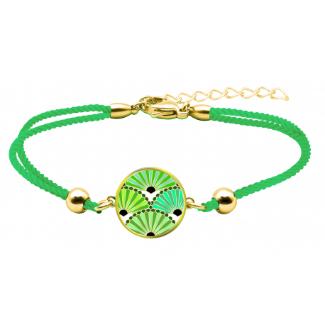 Bracelet coton vert - Silkscreen - Eventails motif Hiro- rond 14mm -15+5cm