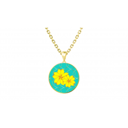 Collier acier dore - Silkscreen - Fleur sakura jaune - rond 20mm - 45+5cm