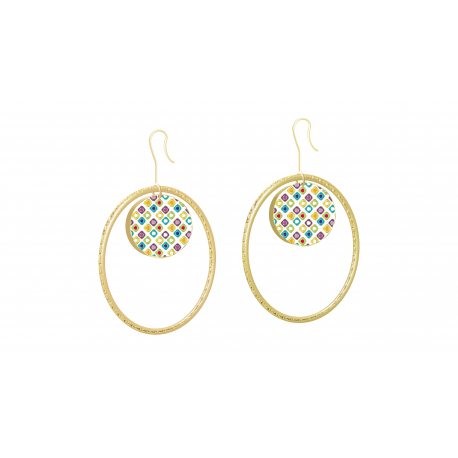 Boucles d'oreilles acier dore - Gueisha - motif Kanoto multi couleur - ronds 15/28mm