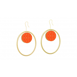 Boucles d'oreilles acier dore - Eventail - motif tatewaku orange - ronds 15/28mm