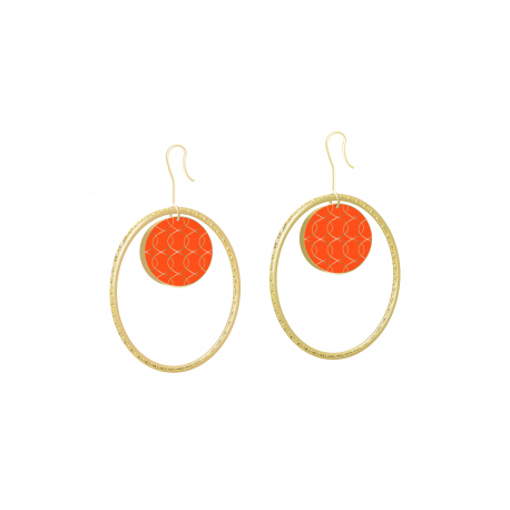 Boucles d'oreilles acier dore - Eventail - motif tatewaku orange - ronds 15/28mm