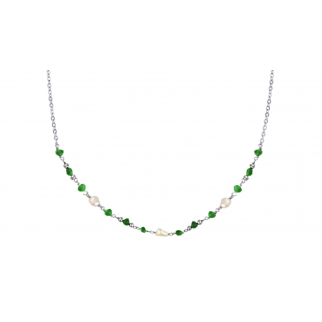 Collier 40+5 CM argent rhodie  perle de culture agate verte