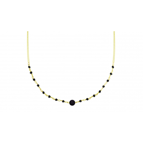 collier 40+5cm double chaine argent dore agate noire, spinelles noires