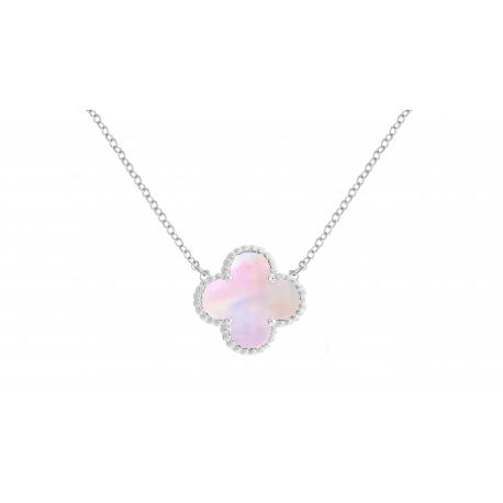 Collier en acier - trèfle nacre rose - 20x20mm - 45+5cm