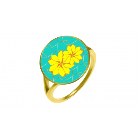 Bague acier dore - Silkscreen - Fleur sakura jaune - rond 14mm - T50 a 62